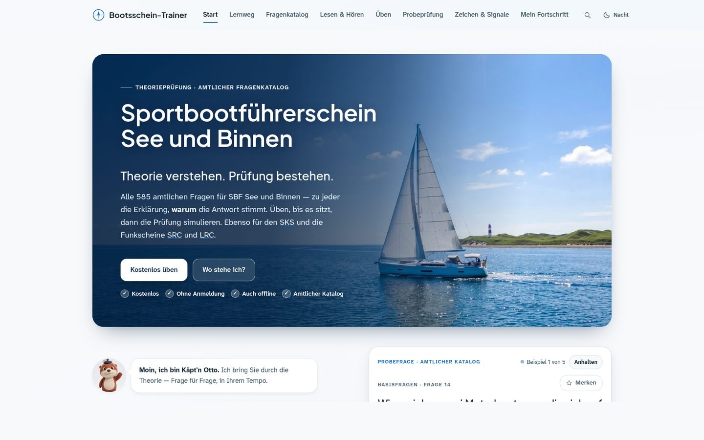 Home page of Bootsschein-Trainer headed “Sportbootführerschein See und Binnen” with a sample question beside it