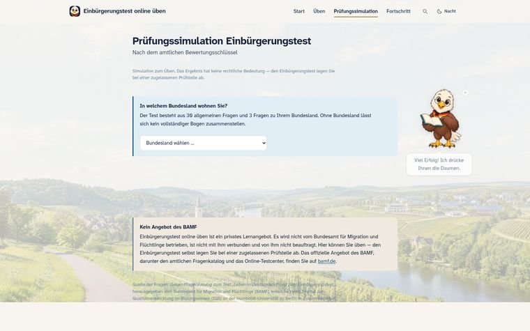 Die Testsimulation von Einbürgerungstest online üben: zuerst wird das Bundesland gewählt, darunter steht die Abgrenzung vom BAMF