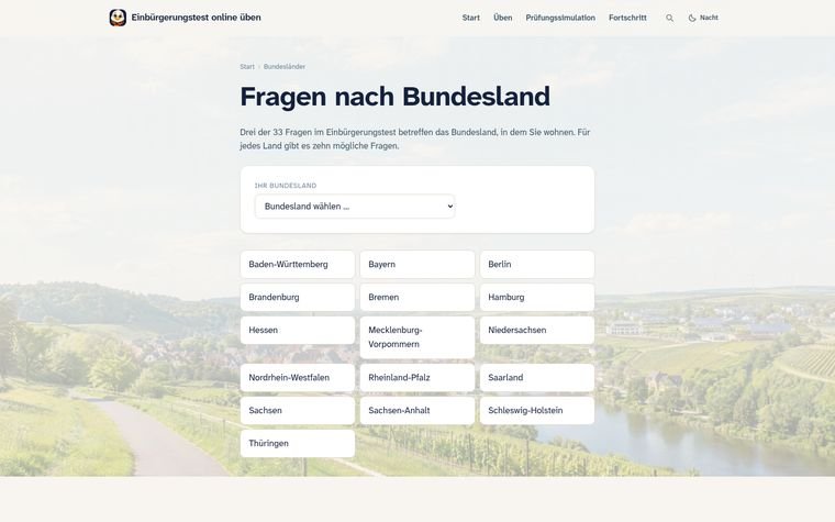 Die Übersicht der Bundesländer-Fragen von Einbürgerungstest online üben