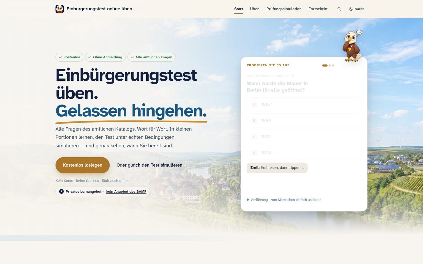 Startseite von Einbürgerungstest online üben mit der Überschrift „Einbürgerungstest üben. Gelassen hingehen.“ und einer Probierfrage aus dem amtlichen Katalog