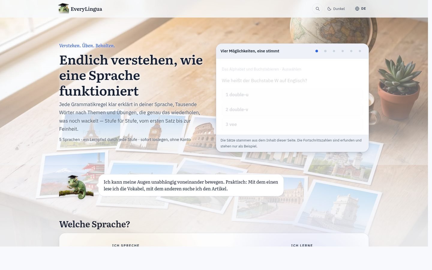Home page of EveryLingua with the headline “Sprachen lernen, Stufe für Stufe” and a live exercise beside it