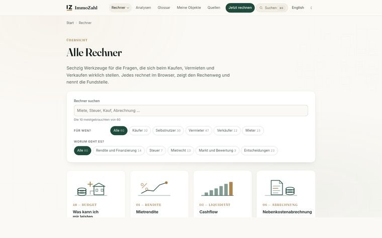 The ImmoZahl overview page headed “Alle Rechner” with a search box, filters by role and topic and the first calculator tiles below