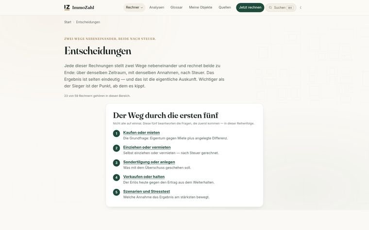 Die Seite „Entscheidungen“ von ImmoZahl: zwei Wege nebeneinander, jeder mit eigener Rechnung