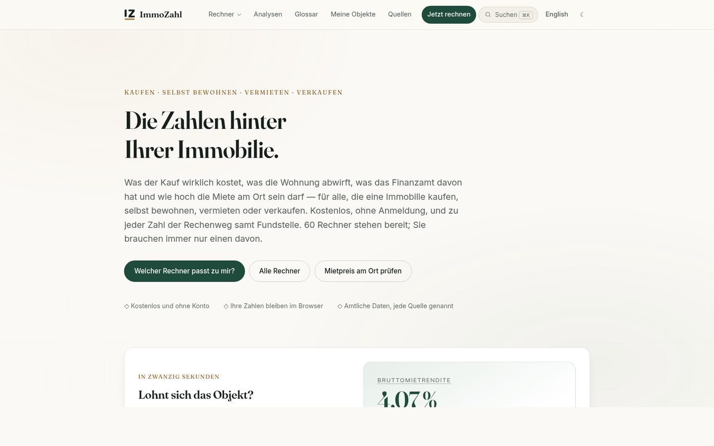 Home page of ImmoZahl with the headline “Die Zahlen hinter Ihrer Immobilie.” and its most-used calculators
