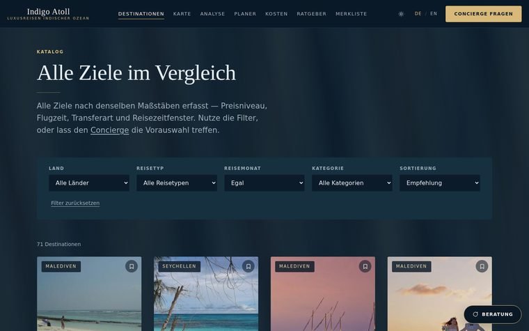 Die Übersicht der Ziele von Indigo Atoll mit Filtern und Kacheln für die einzelnen Inseln und Atolle