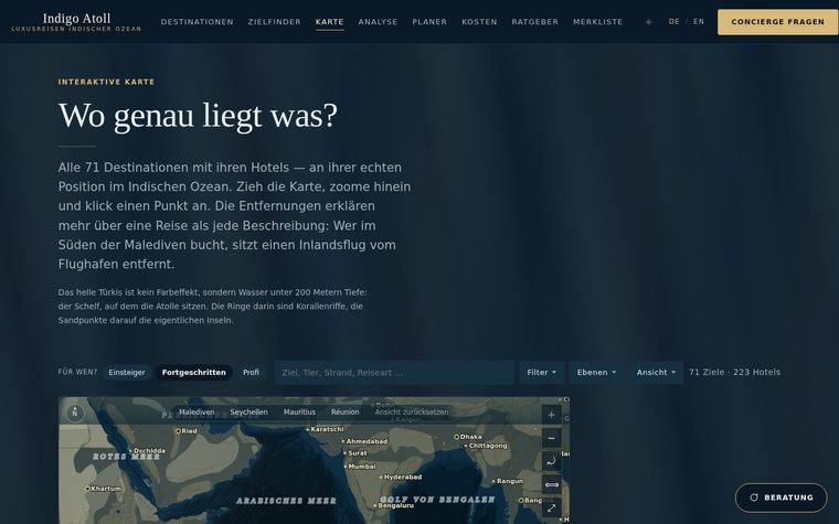Die interaktive Karte von Indigo Atoll mit der Überschrift „Wo genau liegt was?“ und dem Indischen Ozean darunter